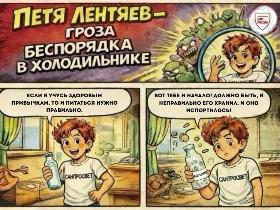 Детский комикс «Петя Лентяев – гроза беспорядка в холодильнике».